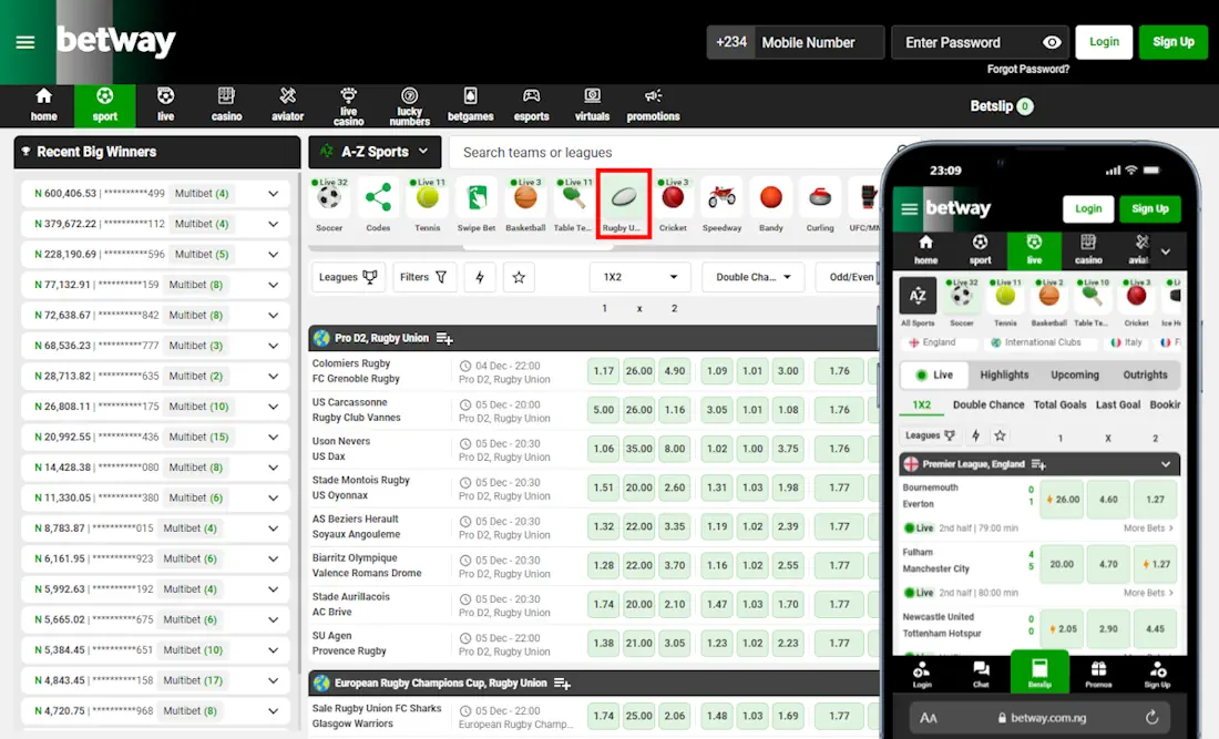 Betway Rugby Live Betting Mobile and Desktop Screenshot